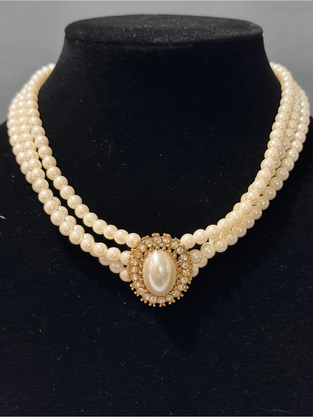 Classic Pearl Triple-Strand Necklace with Gold Crystal Brooch